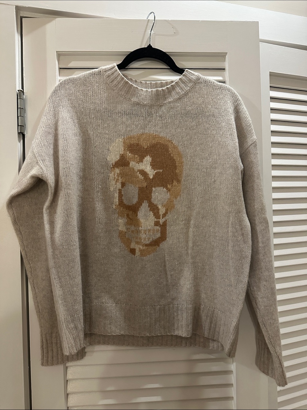 Skull Cashmere Beige Crewneck Sweater with Tan Skull Motif